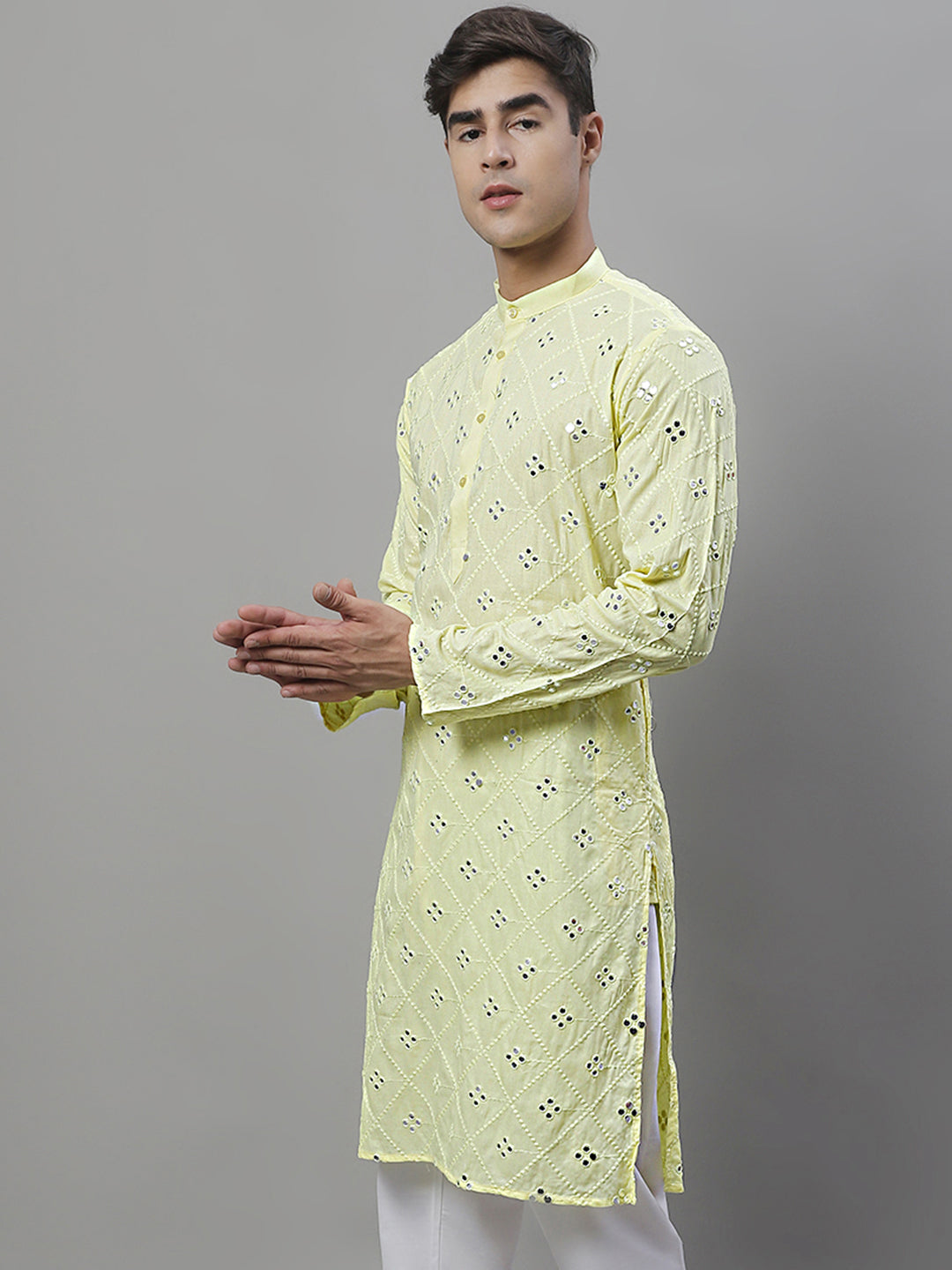 Jompers Men's Embroidered Mirror Work Kurta - Lemon | Grocsy