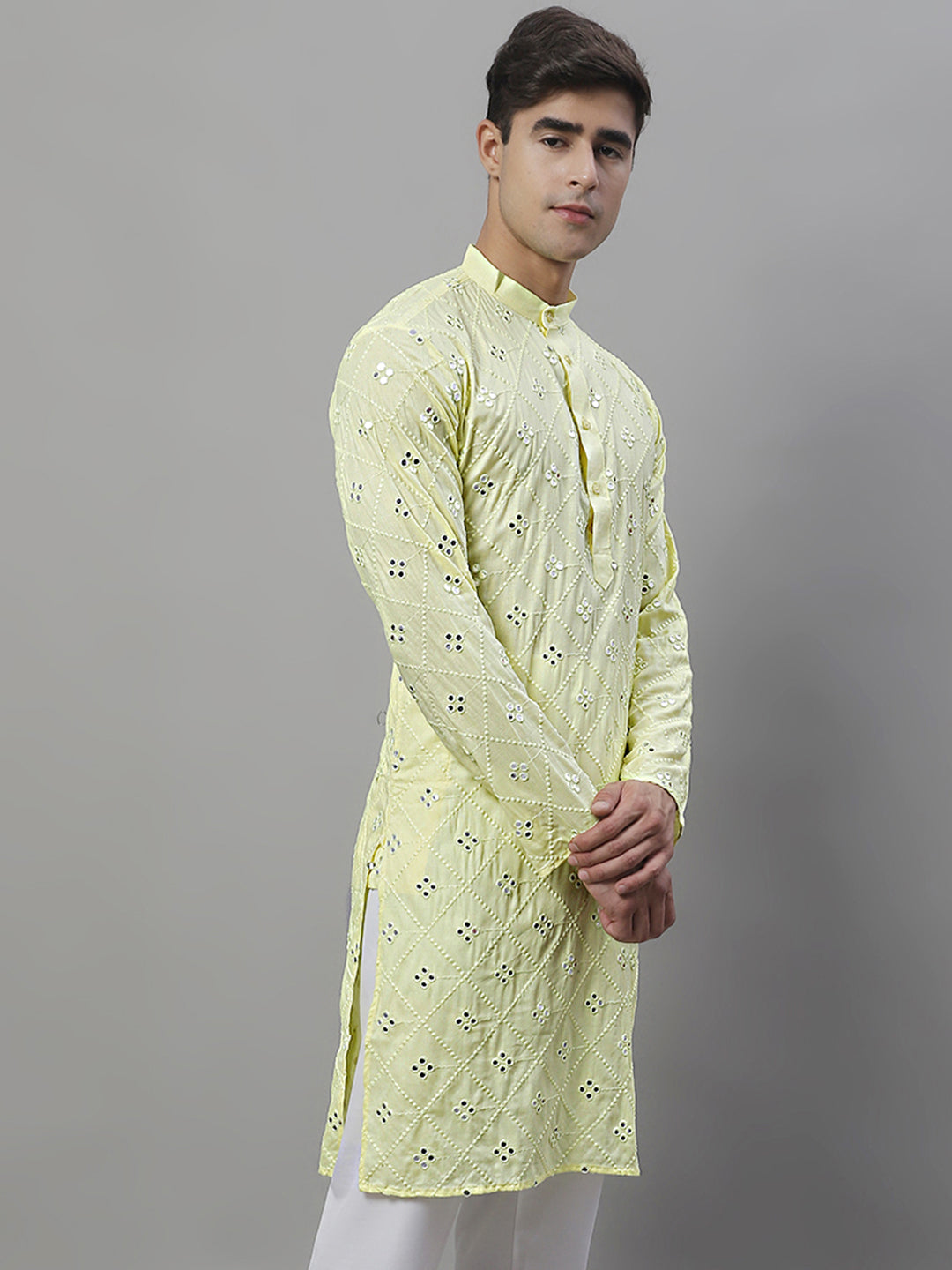 Jompers Men's Embroidered Mirror Work Kurta - Lemon | Grocsy