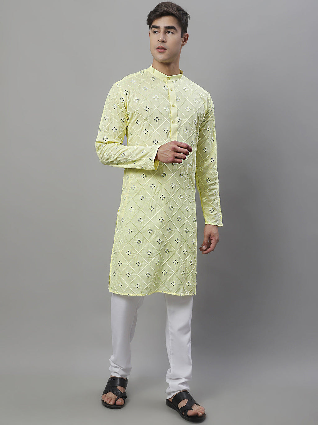 Jompers Men's Embroidered Mirror Work Kurta - Lemon | Grocsy
