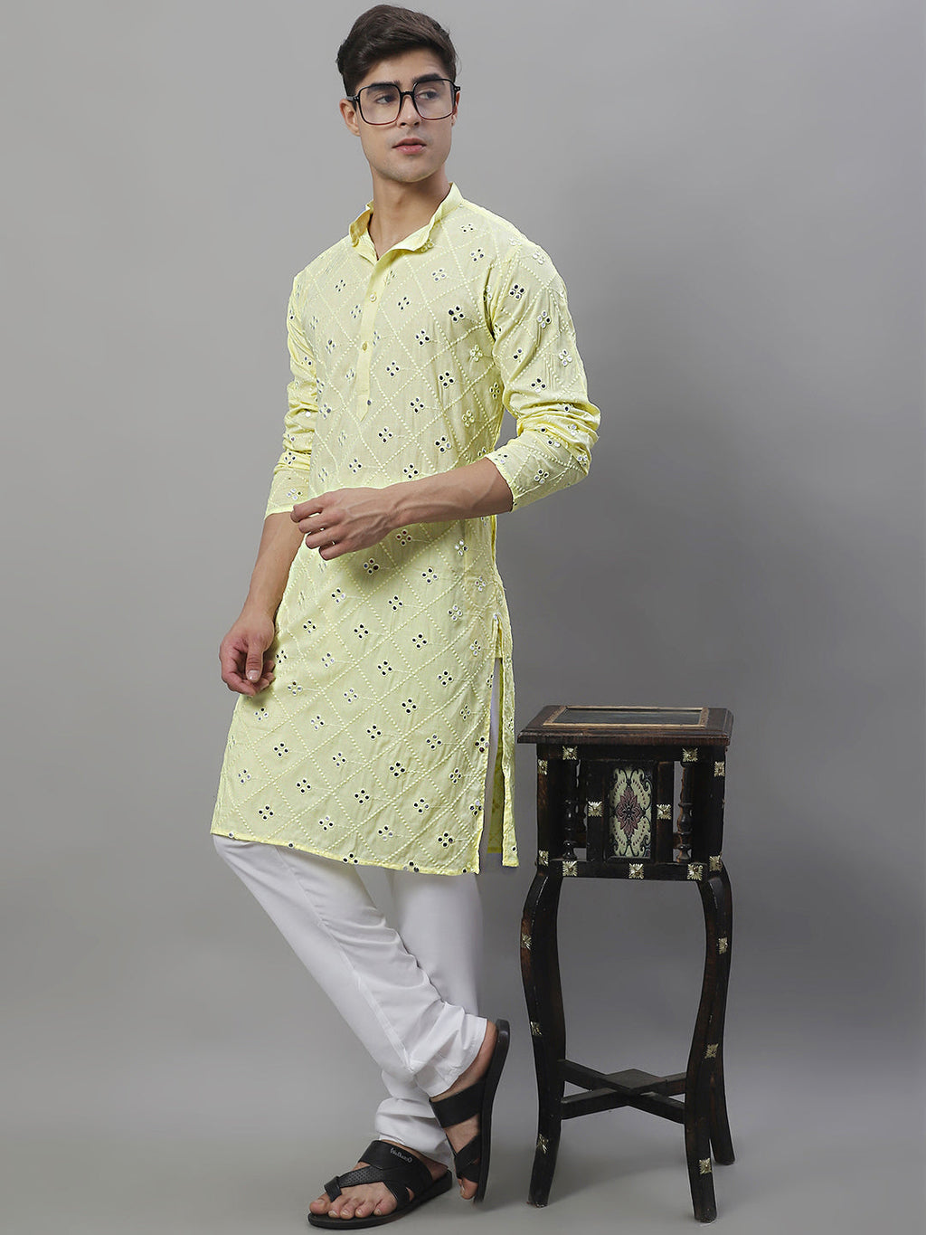 Jompers Men's Embroidered Mirror Work Kurta - Lemon | Grocsy