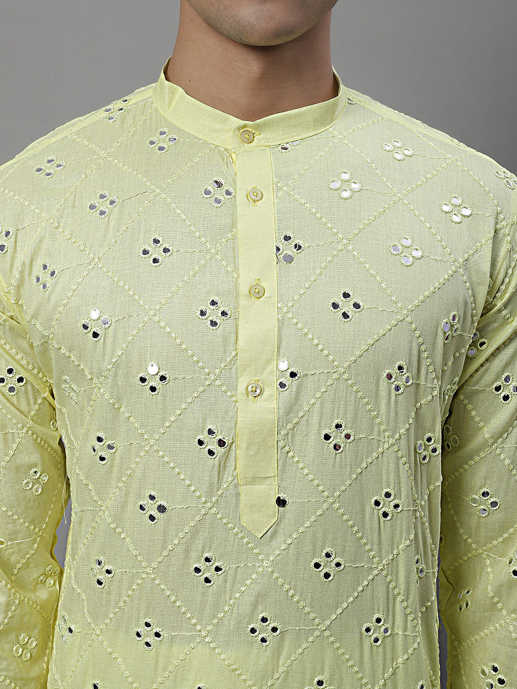 Jompers Men's Embroidered Mirror Work Kurta - Lemon | Grocsy