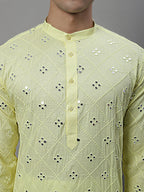 Jompers Men's Embroidered Mirror Work Kurta - Lemon | Grocsy