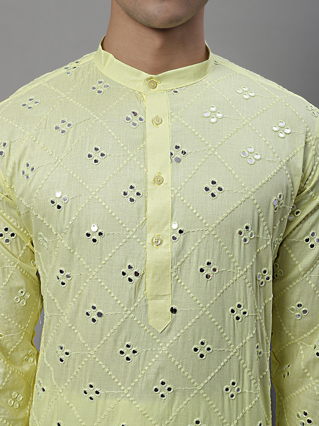 Jompers Men's Embroidered Mirror Work Kurta - Lemon | Grocsy