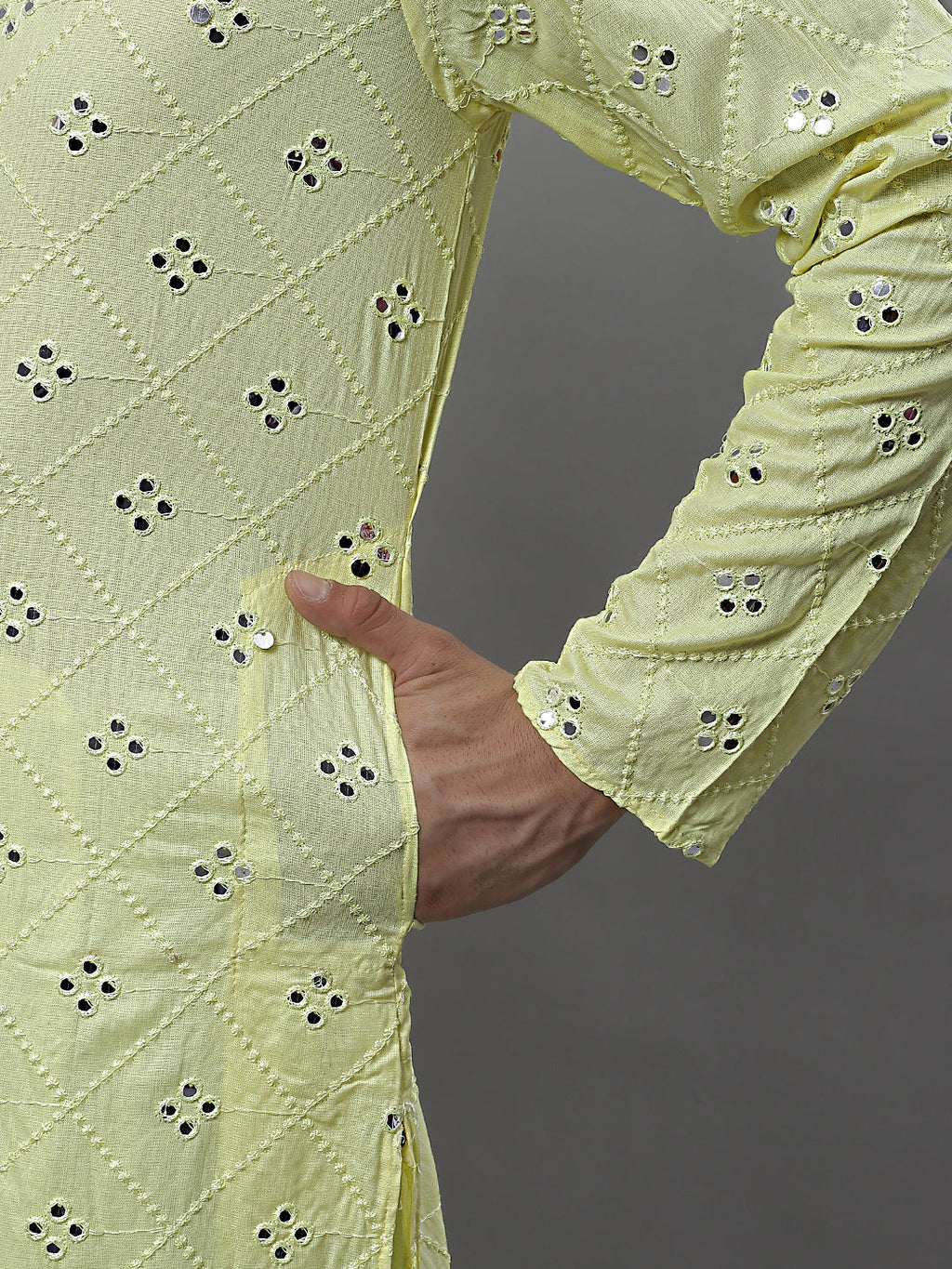 Jompers Men's Embroidered Mirror Work Kurta - Lemon | Grocsy