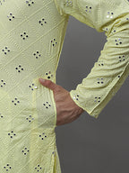 Jompers Men's Embroidered Mirror Work Kurta - Lemon | Grocsy