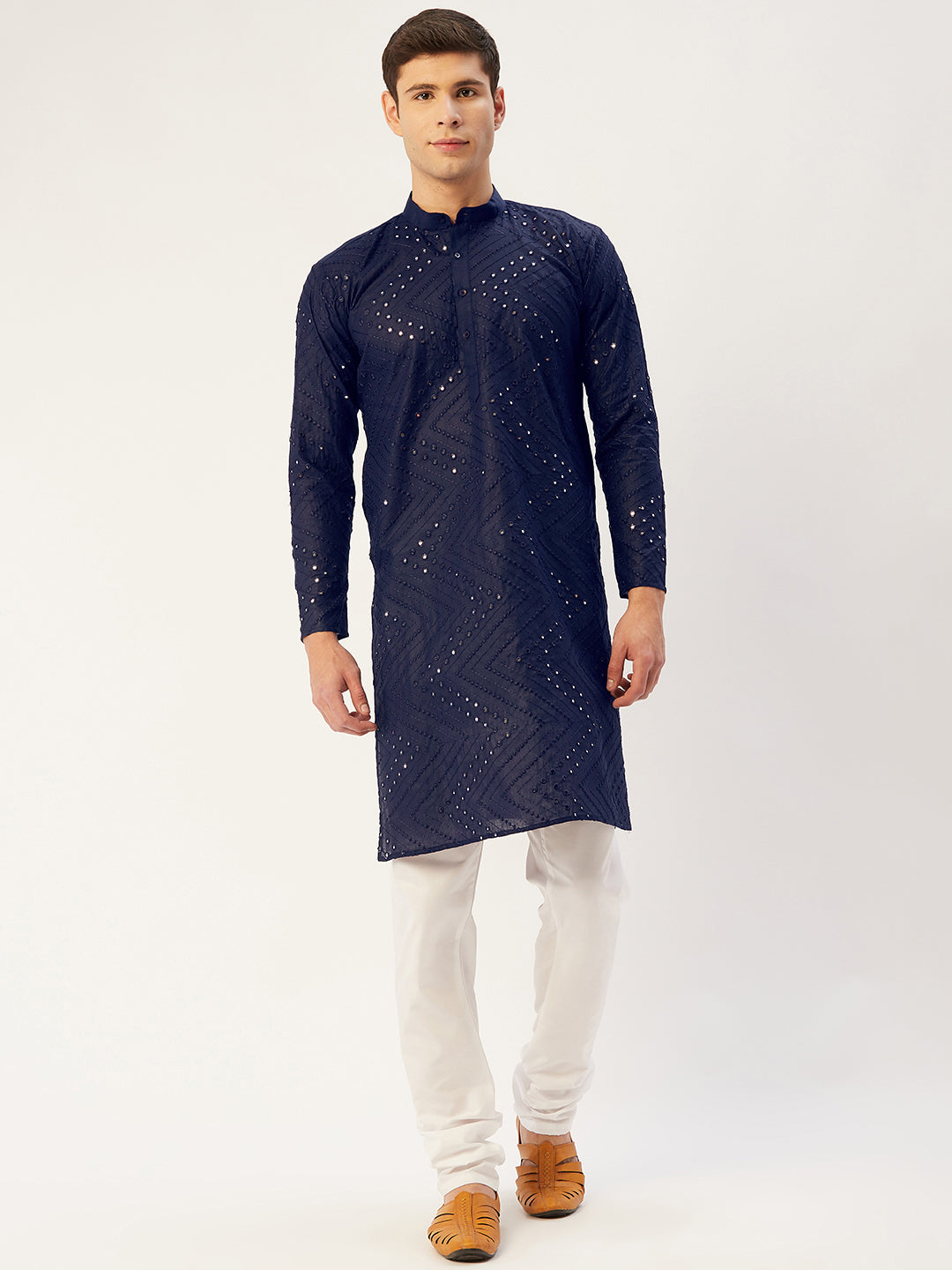 Jompers Men's Navy Embroidered Mirror Work Kurta Pyjama | Grocsy
