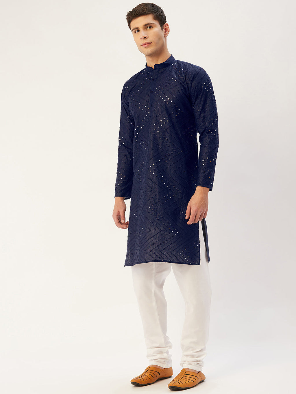 Jompers Men's Navy Embroidered Mirror Work Kurta Pyjama | Grocsy