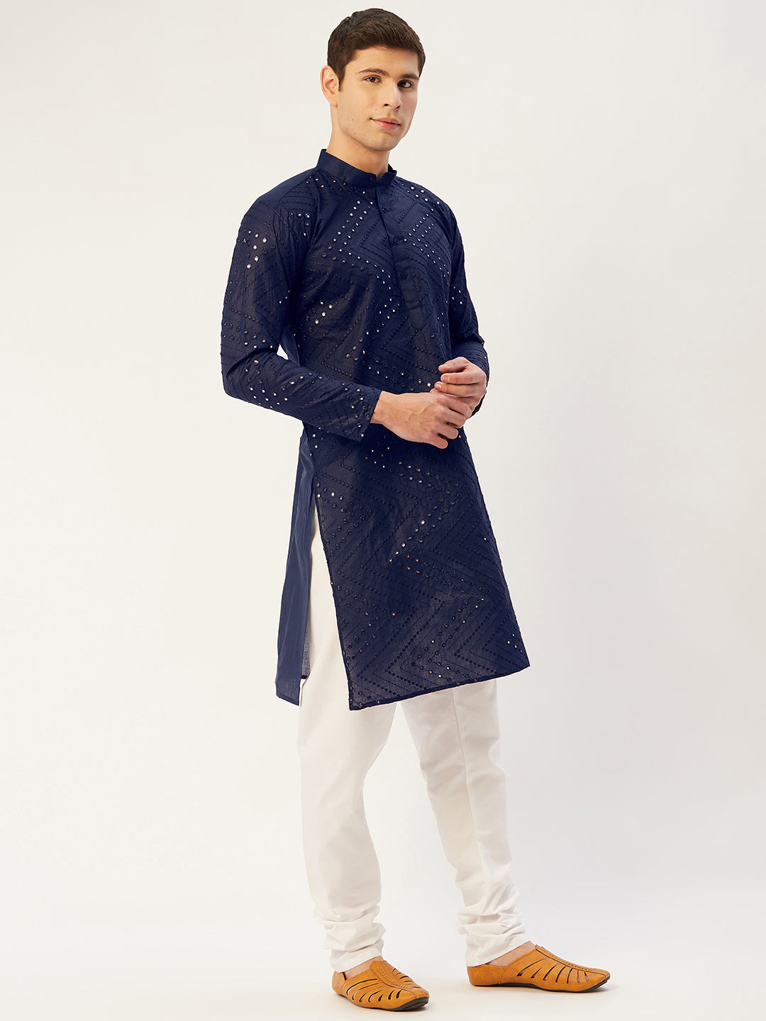 Jompers Men's Navy Embroidered Mirror Work Kurta Pyjama | Grocsy