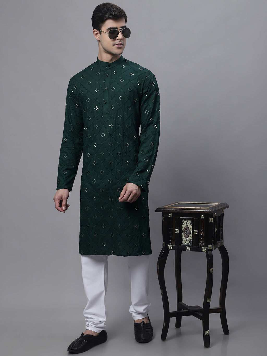 Jompers Men's Olive Green Embroidered Mirror Work Kurta Pyjama | Grocsy