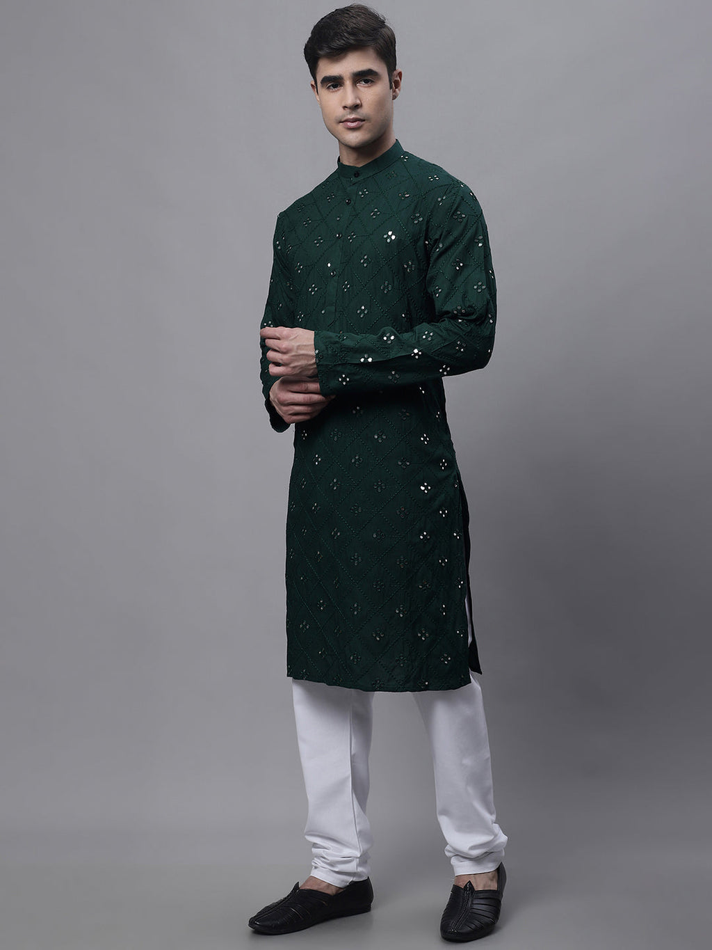 Jompers Men's Olive Green Embroidered Mirror Work Kurta Pyjama | Grocsy
