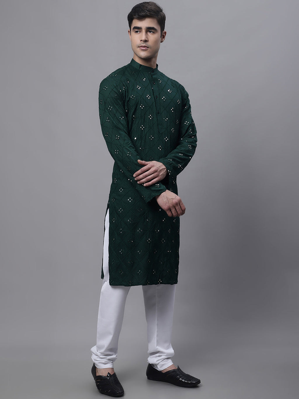 Jompers Men's Olive Green Embroidered Mirror Work Kurta Pyjama | Grocsy