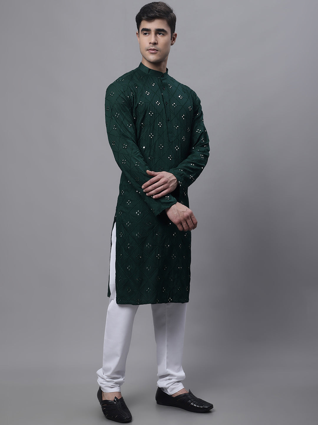 Jompers Men's Olive Green Embroidered Mirror Work Kurta Pyjama | Grocsy