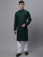 Jompers Men's Olive Green Embroidered Mirror Work Kurta Pyjama | Grocsy