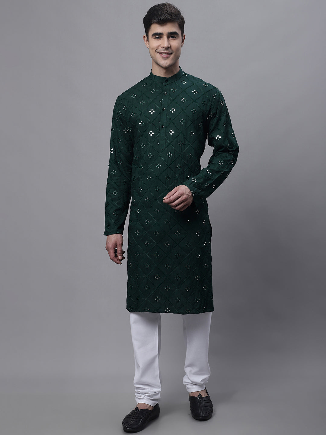 Jompers Men's Olive Green Embroidered Mirror Work Kurta Pyjama | Grocsy