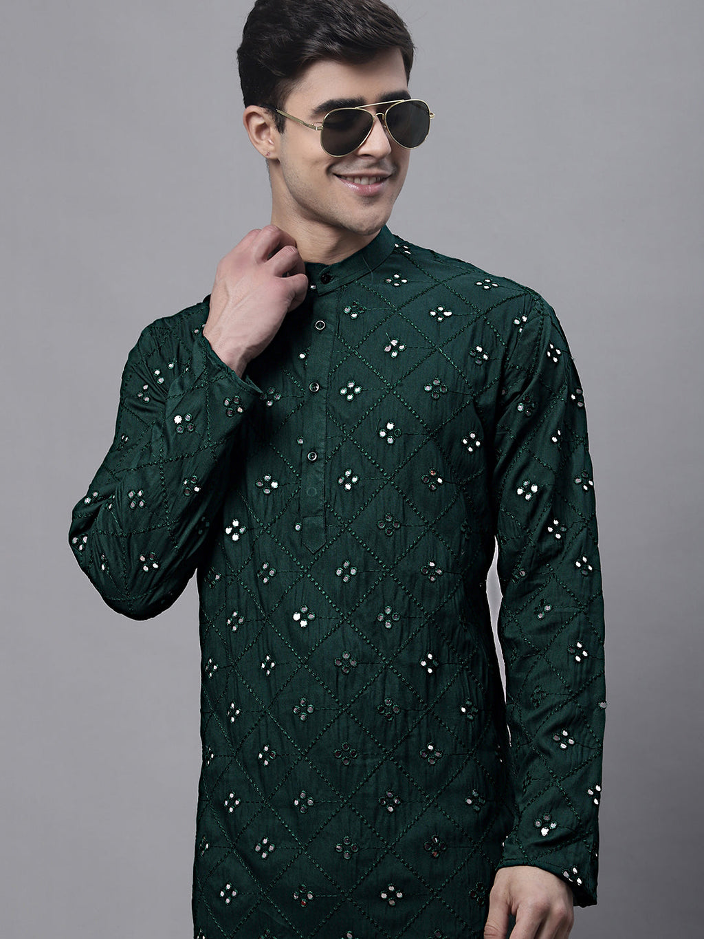 Jompers Men's Olive Green Embroidered Mirror Work Kurta Pyjama | Grocsy