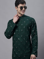 Jompers Men's Olive Green Embroidered Mirror Work Kurta Pyjama | Grocsy