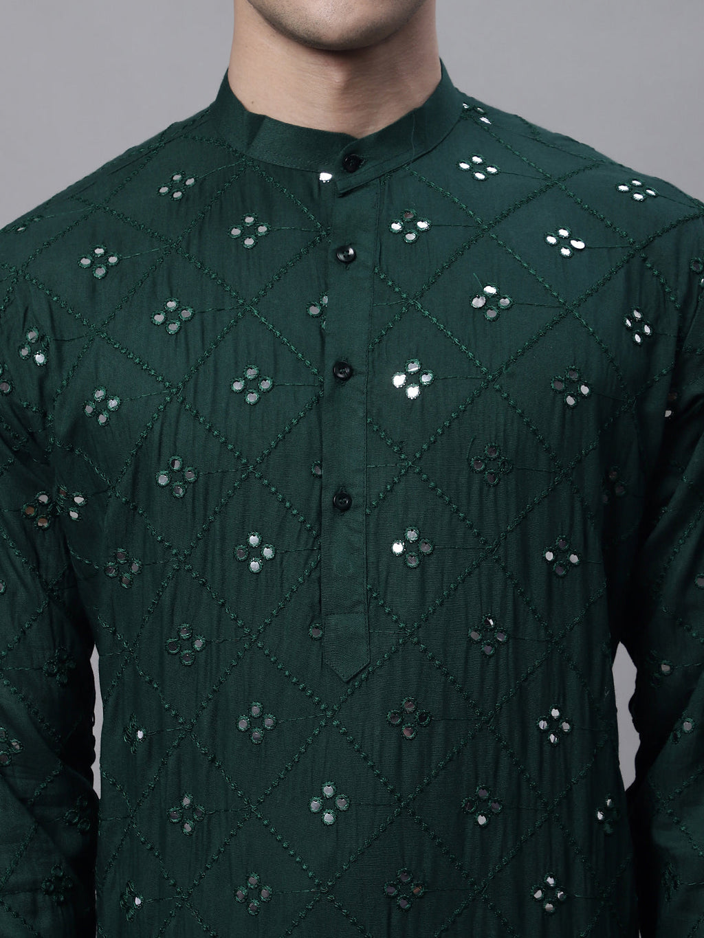 Jompers Men's Olive Green Embroidered Mirror Work Kurta Pyjama | Grocsy