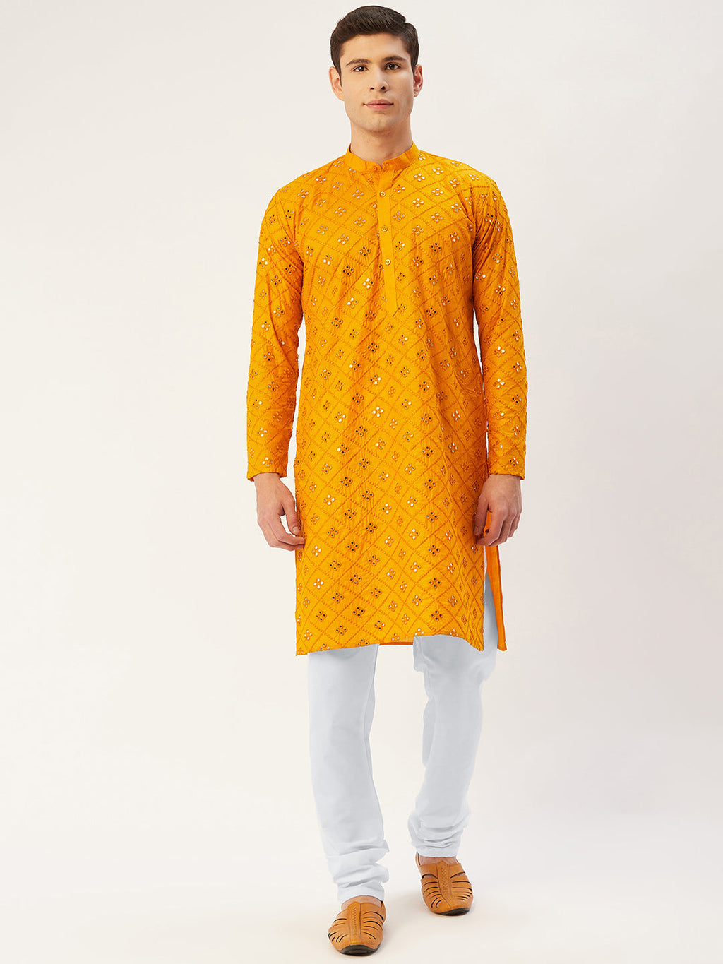 Jompers Men's Yellow Embroidered Mirror Work Kurta Only | Grocsy