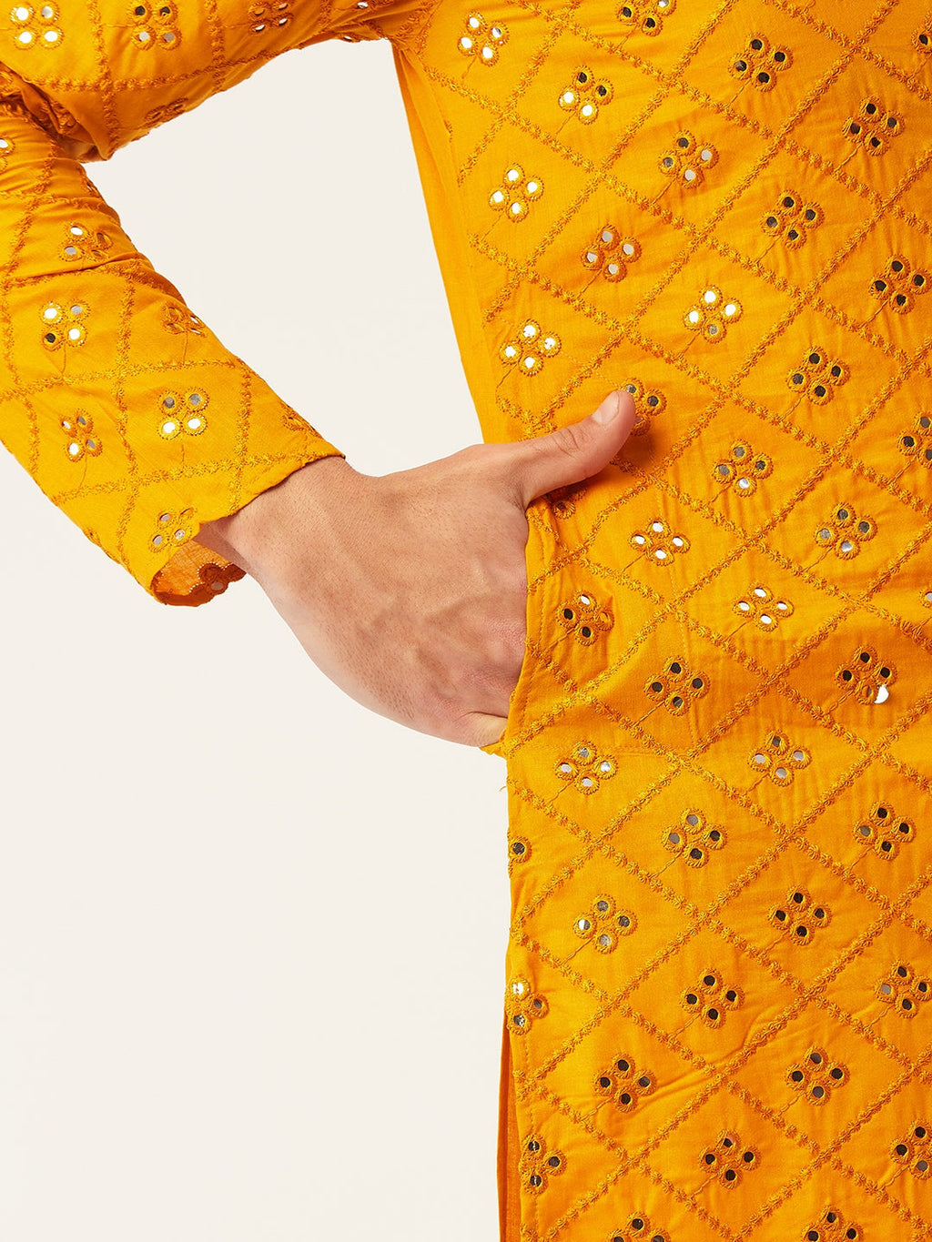 Jompers Men's Yellow Embroidered Mirror Work Kurta Only | Grocsy