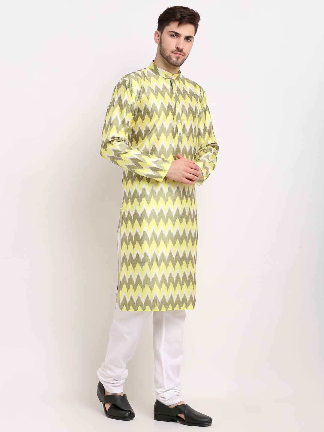 Jompers Men's Multi-Olive Dupion Ikkat Kurta Only | Grocsy