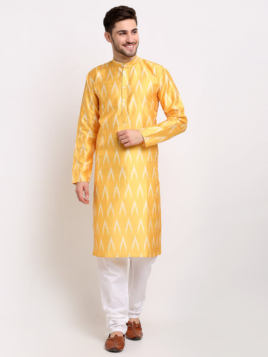 Jompers Men's Mustard Dupion Ikkat Kurta Payjama Sets | Grocsy