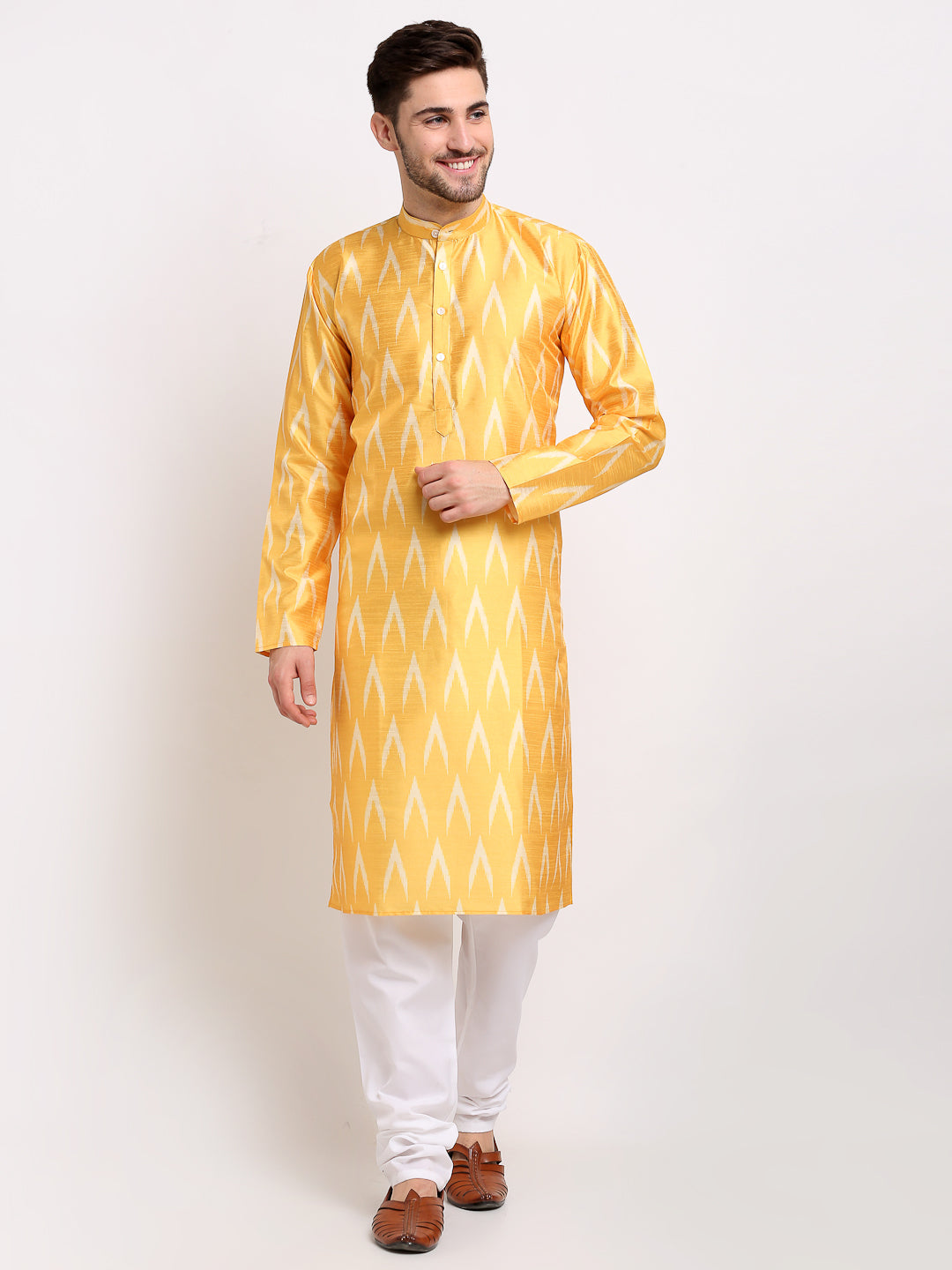 Jompers Men's Mustard Dupion Ikkat Kurta Payjama Sets | Grocsy