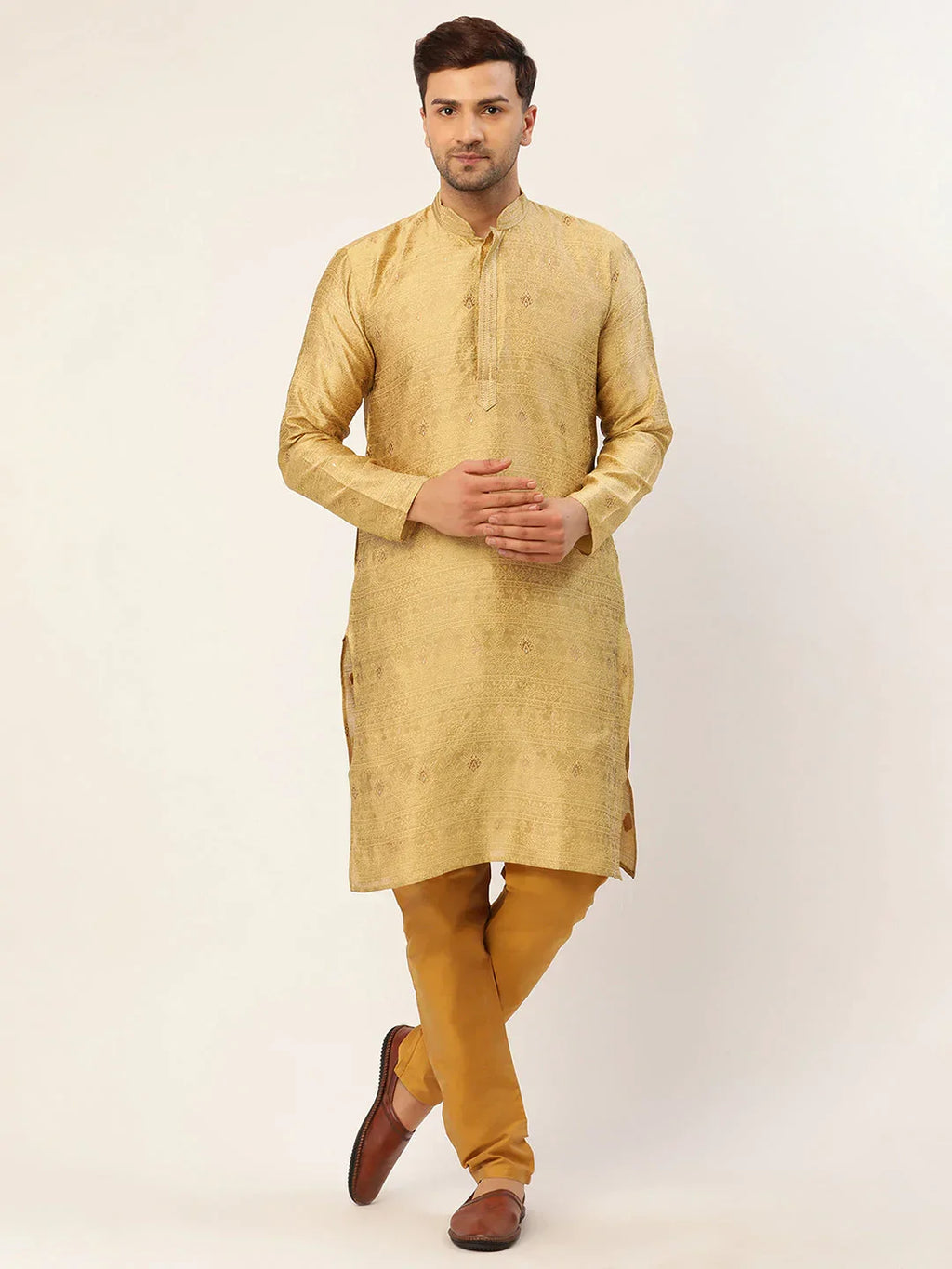 Jompers Men's Beige Coller Embroidered Woven Design Kurta Pyjama | Grocsy