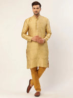 Jompers Men's Beige Coller Embroidered Woven Design Kurta Pyjama | Grocsy