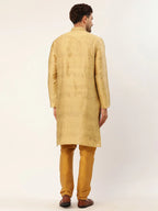Jompers Men's Beige Coller Embroidered Woven Design Kurta Pyjama | Grocsy