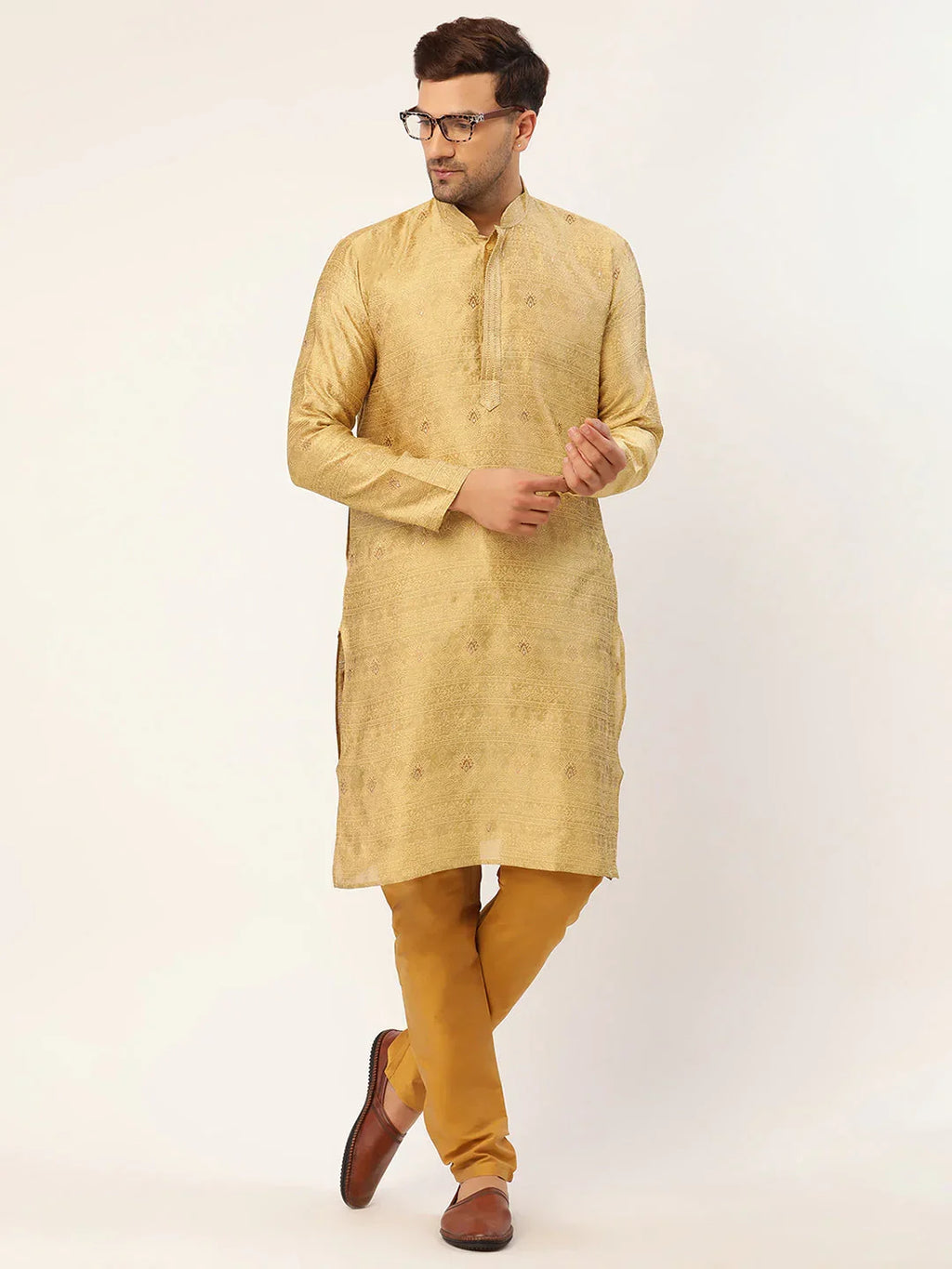 Jompers Men's Beige Coller Embroidered Woven Design Kurta Pyjama | Grocsy