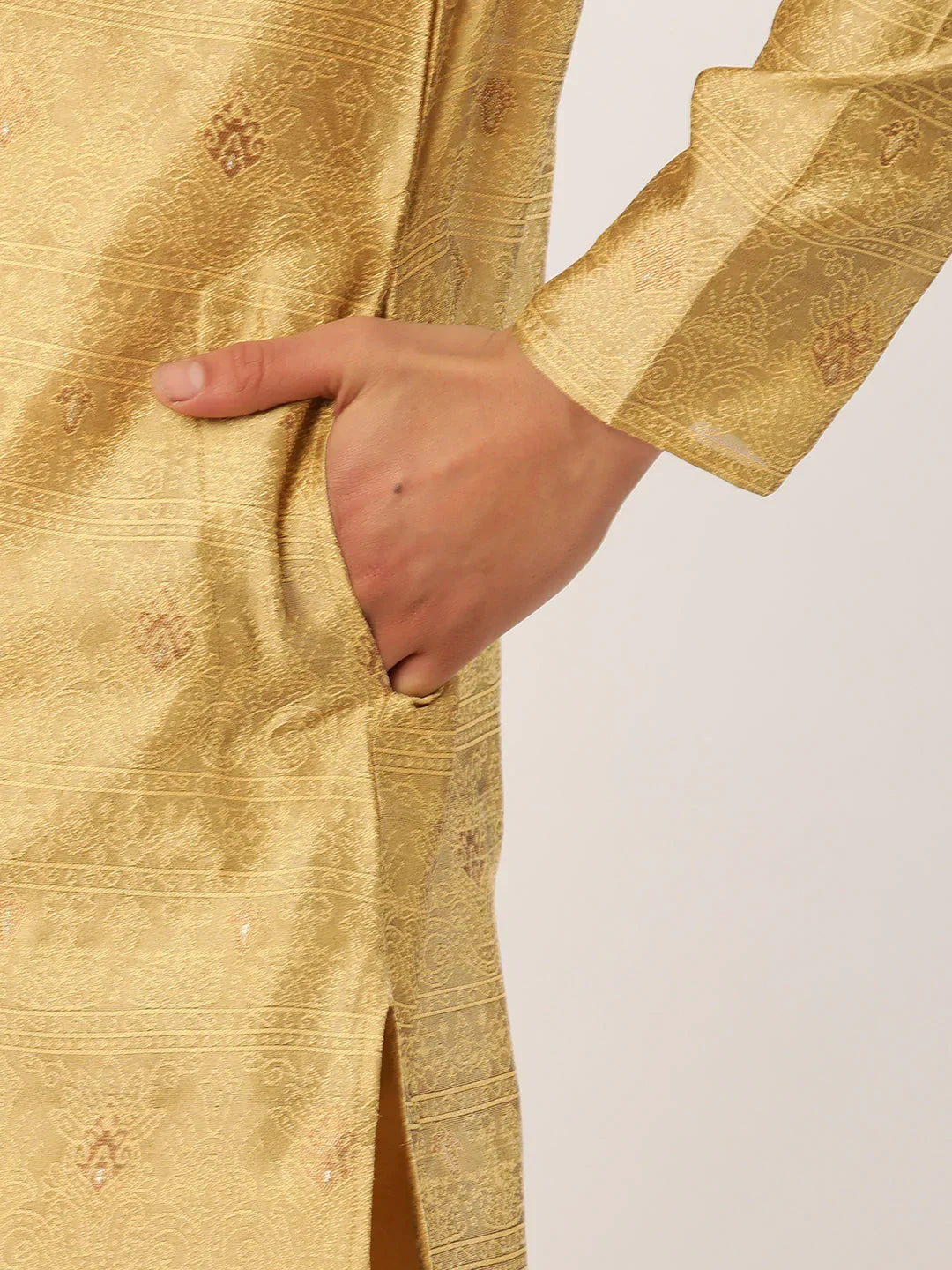 Jompers Men's Beige Coller Embroidered Woven Design Kurta Pyjama | Grocsy