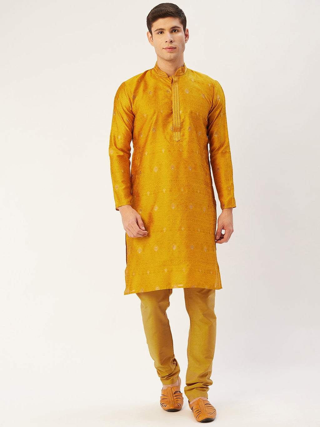 Jompers Men's Mustard Coller Embroidered Woven Design Kurta Pyjama | Grocsy