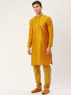 Jompers Men's Mustard Coller Embroidered Woven Design Kurta Only | Grocsy
