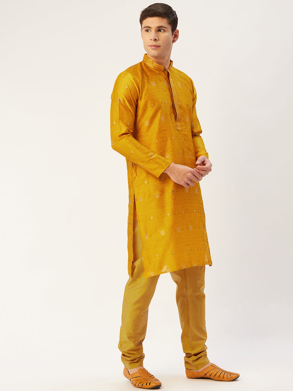 Jompers Men's Mustard Coller Embroidered Woven Design Kurta Pyjama | Grocsy