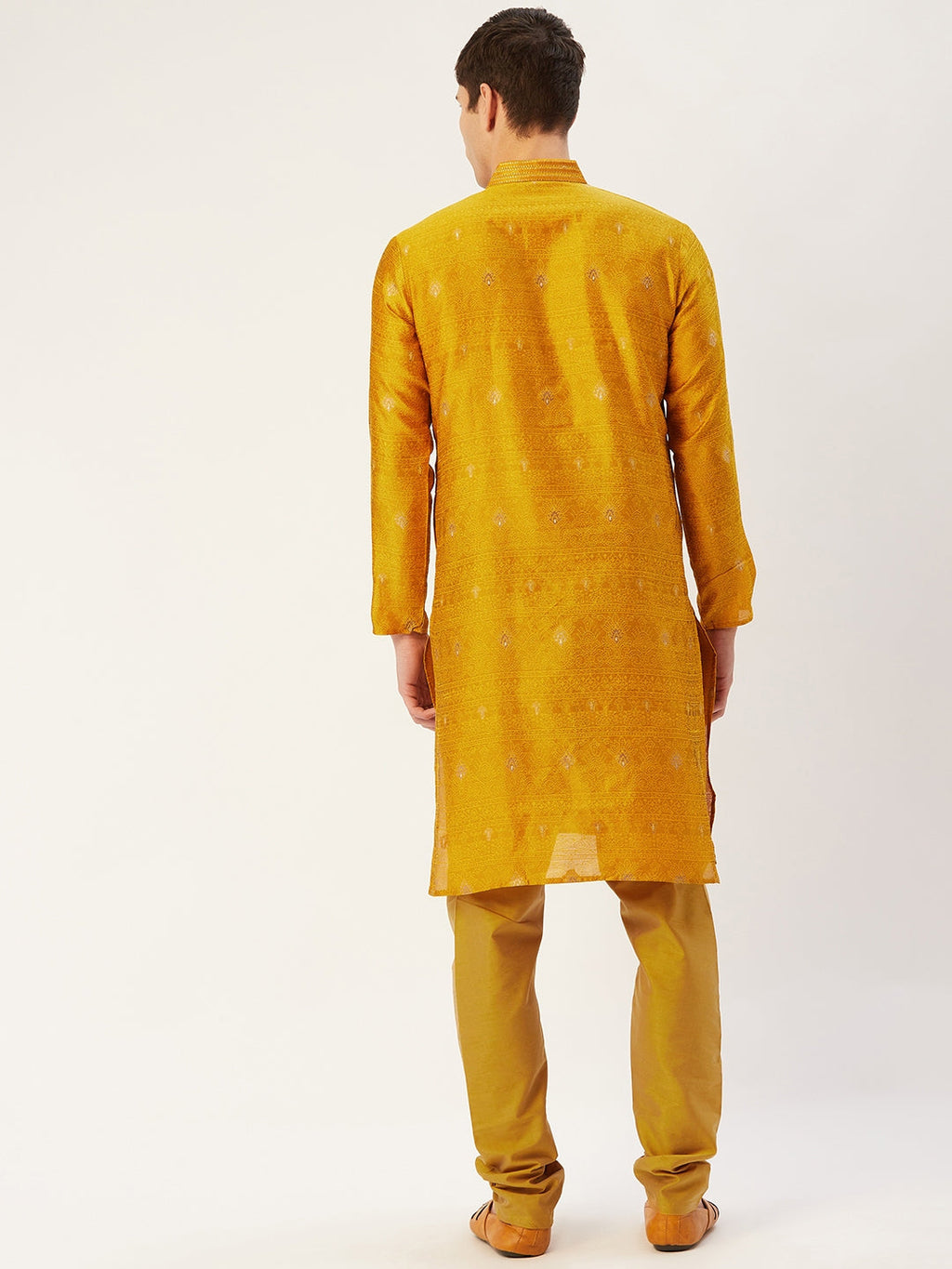 Jompers Men's Mustard Coller Embroidered Woven Design Kurta Pyjama | Grocsy