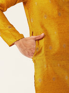 Jompers Men's Mustard Coller Embroidered Woven Design Kurta Pyjama | Grocsy