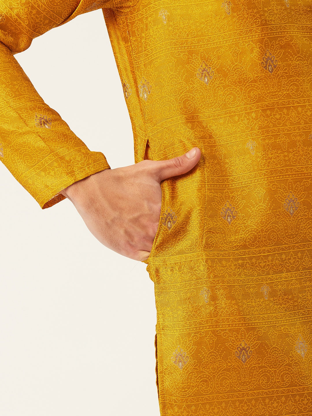 Jompers Men's Mustard Coller Embroidered Woven Design Kurta Pyjama | Grocsy