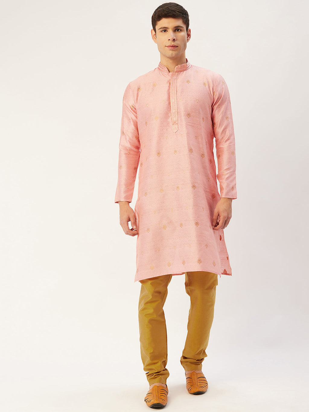 Jompers Men's Pink Coller Embroidered Woven Design Kurta Pyjama | Grocsy