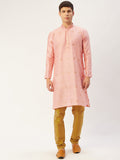 Jompers Men's Pink Coller Embroidered Woven Design Kurta Pyjama | Grocsy