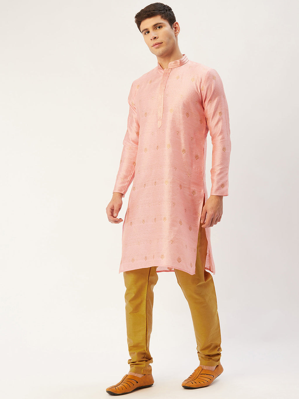 Jompers Men's Pink Coller Embroidered Woven Design Kurta Pyjama | Grocsy
