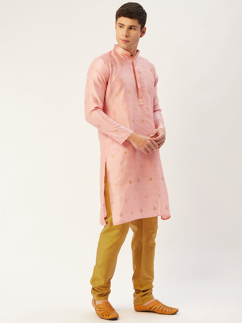 Jompers Men's Pink Coller Embroidered Woven Design Kurta Pyjama | Grocsy