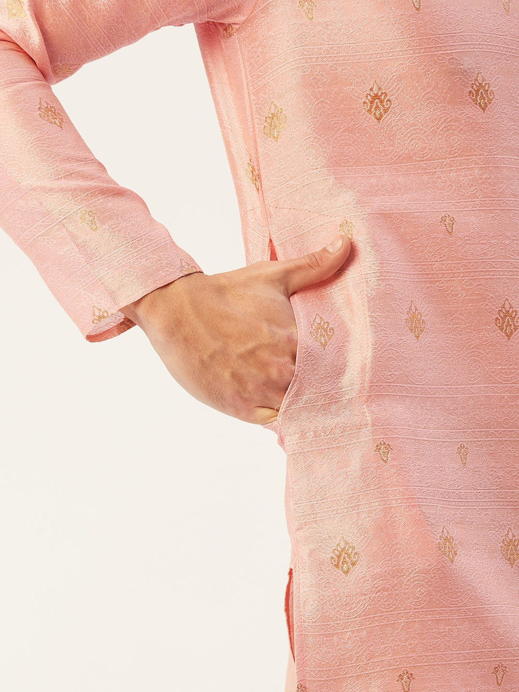 Jompers Men's Pink Coller Embroidered Woven Design Kurta Pyjama | Grocsy