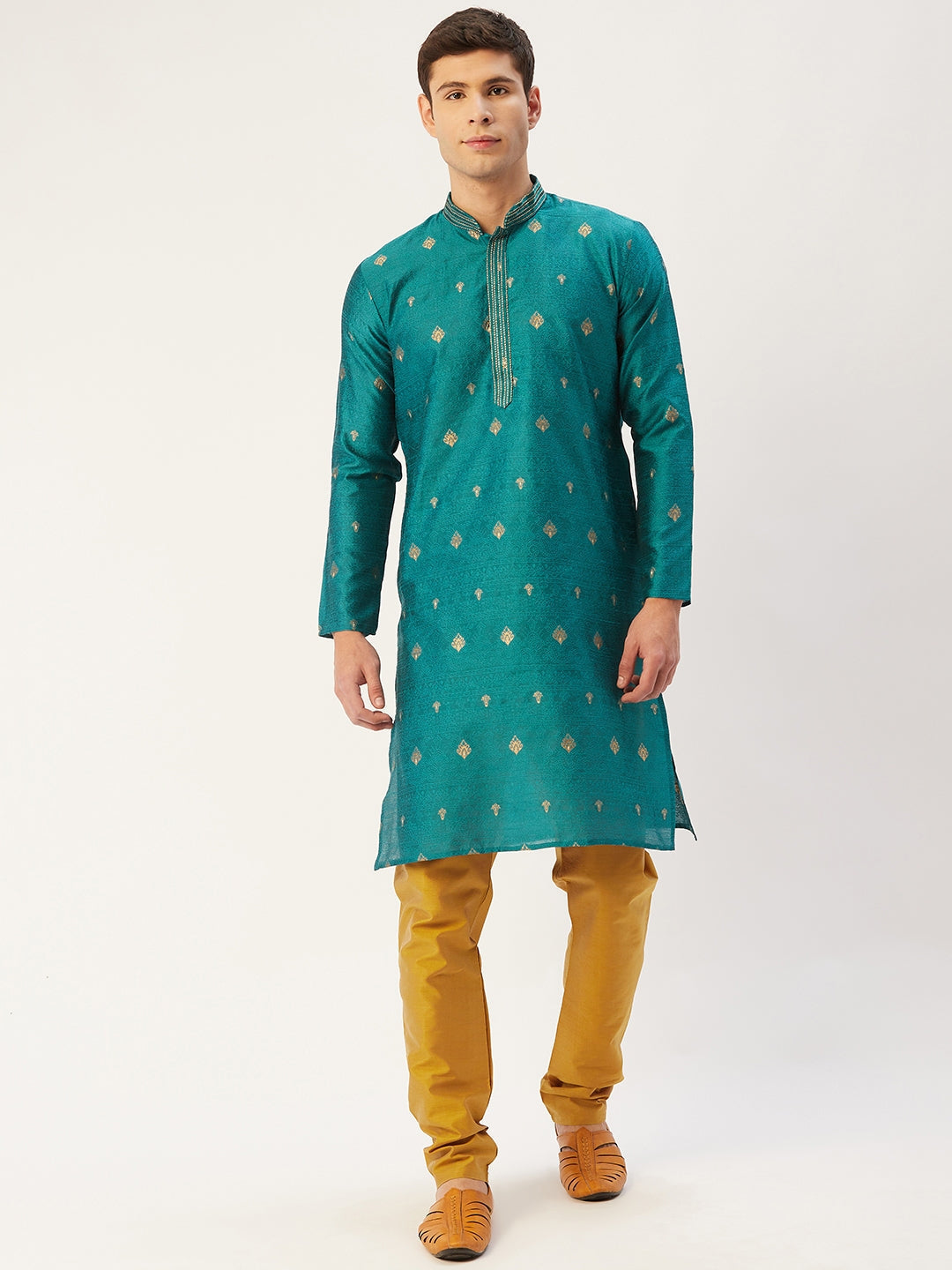 Jompers Men's Teal Coller Embroidered Woven Design Kurta Only | Grocsy