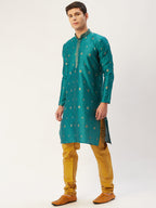 Jompers Men's Teal Coller Embroidered Woven Design Kurta Only | Grocsy
