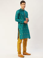 Jompers Men's Teal Coller Embroidered Woven Design Kurta Only | Grocsy
