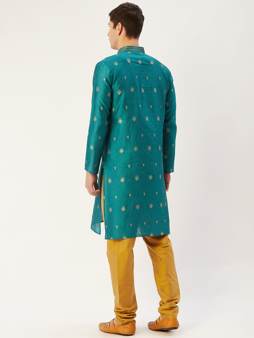 Jompers Men's Teal Coller Embroidered Woven Design Kurta Only | Grocsy