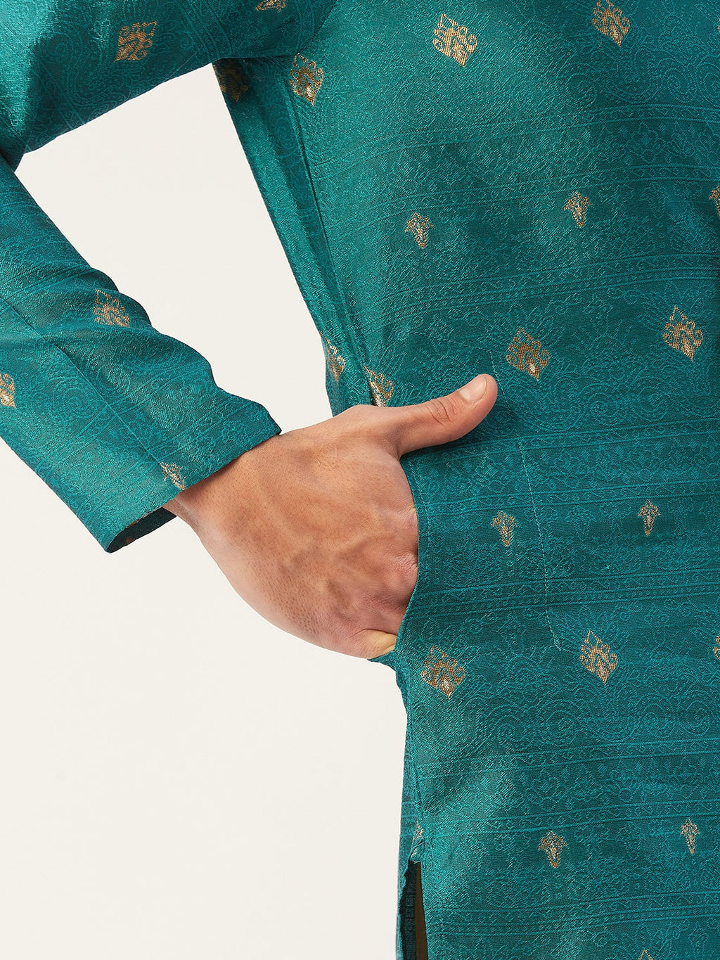 Jompers Men's Teal Coller Embroidered Woven Design Kurta Only | Grocsy