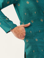 Jompers Men's Teal Coller Embroidered Woven Design Kurta Only | Grocsy
