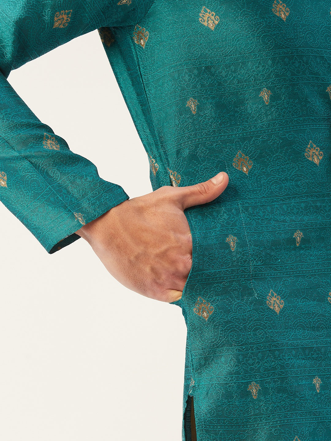Jompers Men's Teal Coller Embroidered Woven Design Kurta Only | Grocsy