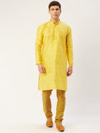 Jompers Men's Yellow Coller Embroidered Woven Design Kurta Pyjama | Grocsy
